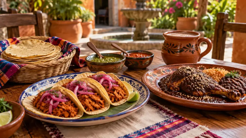 Mesa con tacos de cochinita pibil, pollo con mole, tortillas y chocolate en un patio mexicano.