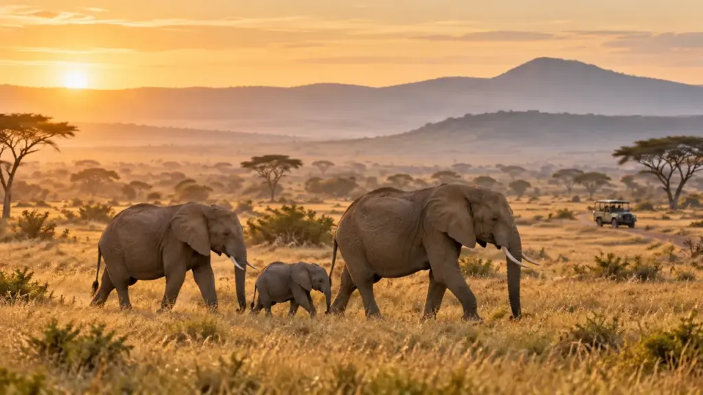Tres elefantes caminan por la sabana al amanecer, con un vehículo de safari a distancia.