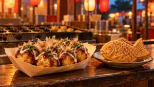 Bandeja de takoyaki y un taiyaki sobre el mostrador de un puesto japonés iluminado con faroles.