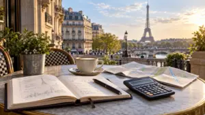 Libreta, mapa y calculadora sobre una mesa de café en París, con la Torre Eiffel al fondo