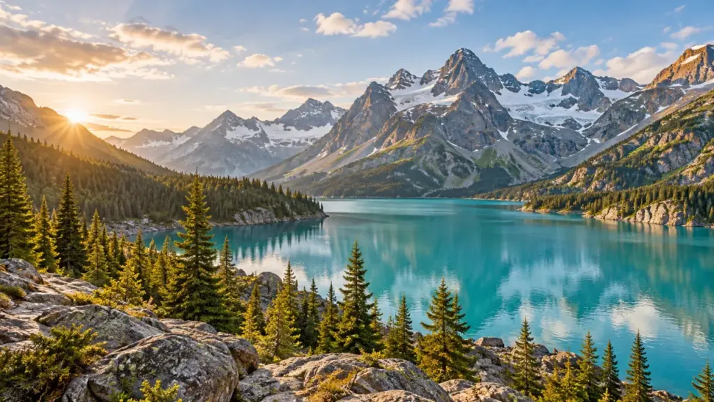 Lago turquesa rodeado de bosques de coníferas y montañas nevadas al amanecer