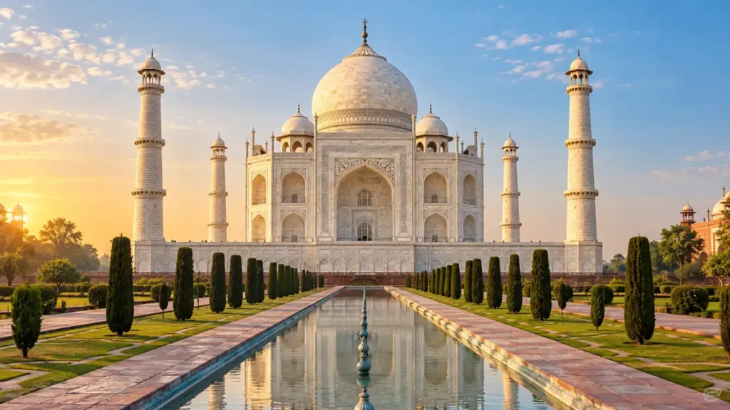 Vista frontal del Taj Mahal con sus jardines y estanque reflectante bajo la luz de la mañana.