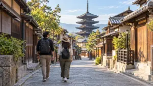 Dos viajeros con mochilas caminan por una calle tradicional japonesa con una pagoda al fondo.