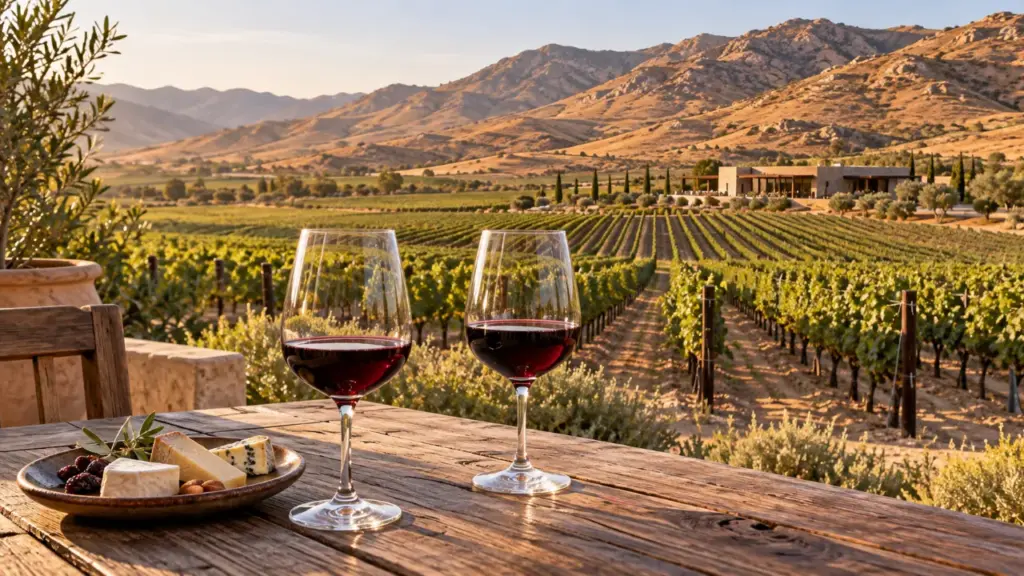 Dos copas de vino tinto y quesos sobre una mesa, frente a un viñedo rodeado de colinas.
