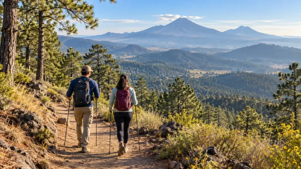 Dos senderistas con mochilas y bastones recorren un sendero entre pinos, con montañas al fondo